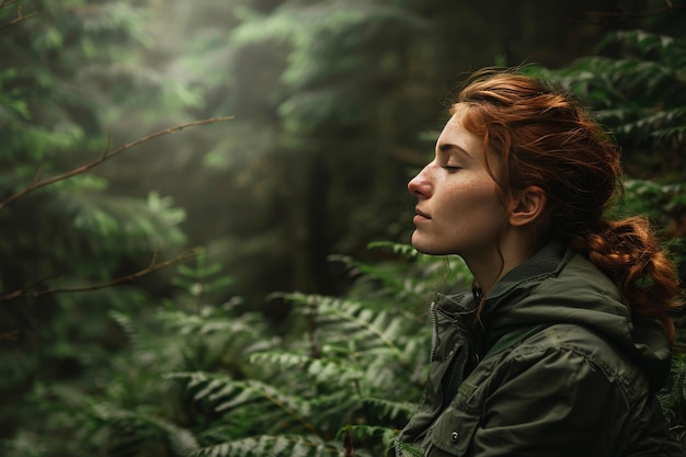 Foto uma mulher de cabelo vermelho está sentada em uma floresta olhando para o céu