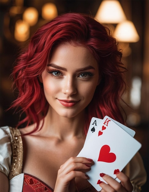 Foto uma mulher de cabelo vermelho segura um cartão que diz cartas de jogo