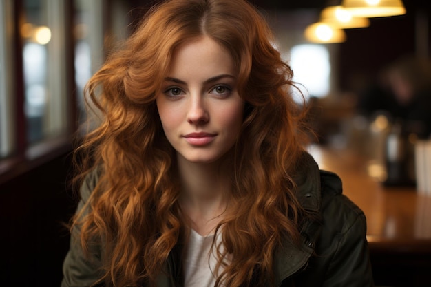 uma mulher de cabelo vermelho sentada em uma mesa na frente de uma multidão