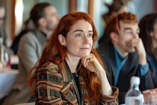 Uma mulher de cabelo vermelho sentada em uma mesa