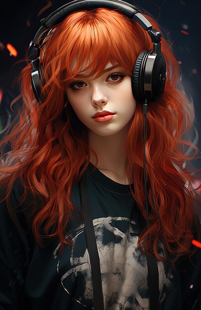 Foto uma mulher de cabelo vermelho usando fones de ouvido e uma camisa preta com um logotipo branco na frente