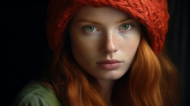 Uma mulher de cabelo vermelho usando um chapéu vermelho