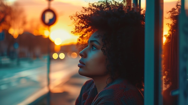 uma mulher de cabelos afro está esperando o ônibus na parada de ônibus à tarde O fundo