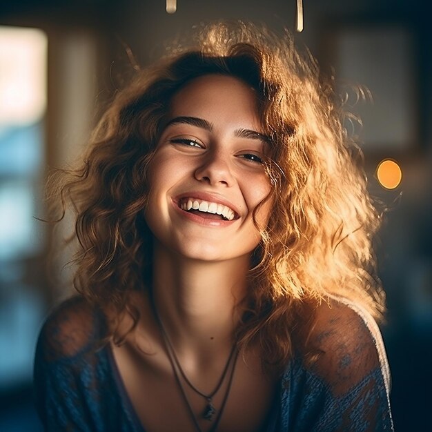 Foto uma mulher de cabelos cacheados sorri com um sorriso que diz 