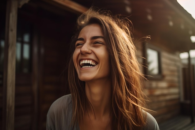 Uma mulher de cabelos compridos sorri e sorri.