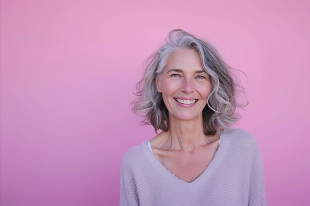 Uma mulher de cabelos grisalhos sorrindo na frente de uma parede rosa