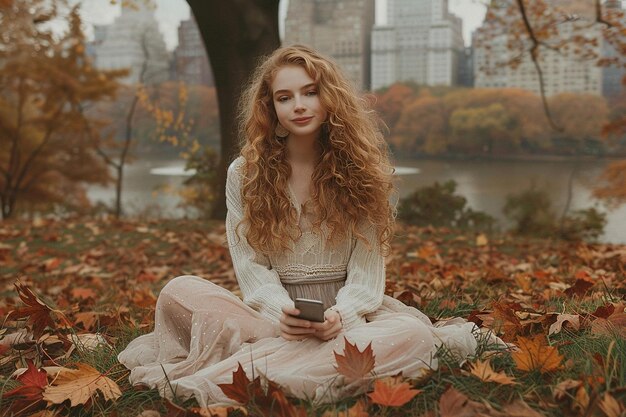 Uma mulher de cabelos longos e vermelhos está sentada na grama em um parque