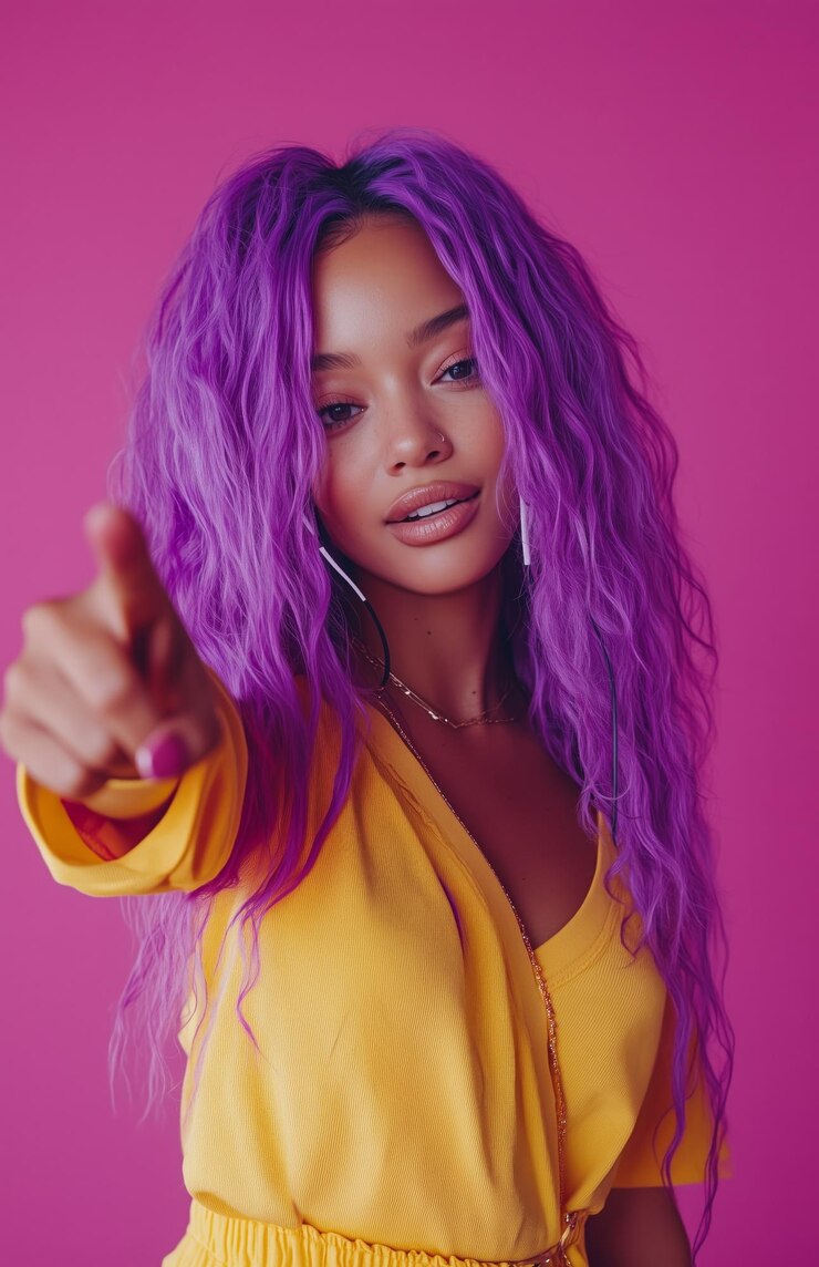 Foto uma mulher de cabelos roxos dança pontos na câmera em um fundo magenta vestindo uma roupa amarela