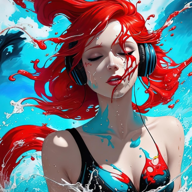 Uma mulher de cabelos ruivos e fones de ouvido azuis está cercada por água.