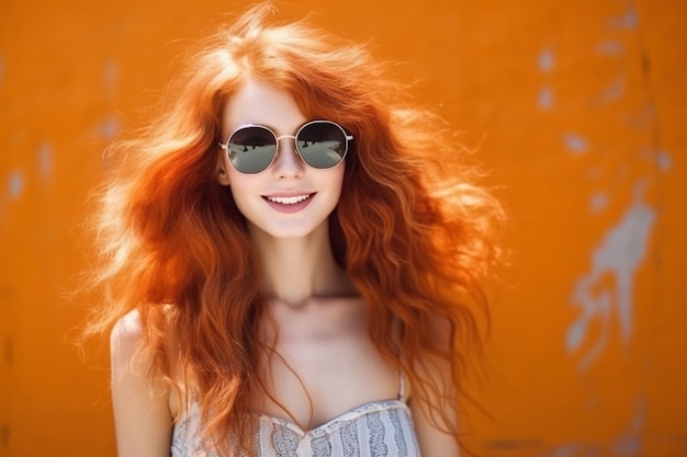 Uma mulher de cabelos ruivos e óculos escuros sorri diante de um fundo laranja.