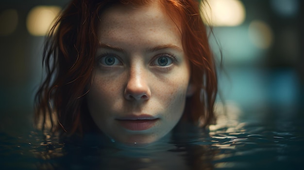 Uma mulher de cabelos ruivos e olhos azuis nada em uma piscina.