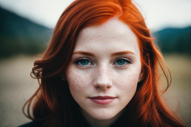 Uma mulher de cabelos ruivos e olhos azuis olha para a câmera.