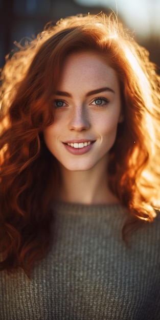 Foto uma mulher de cabelos ruivos e olhos azuis sorri para a câmera.