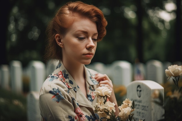 Foto uma mulher de cabelos ruivos e vestido florido está diante de um túmulo.