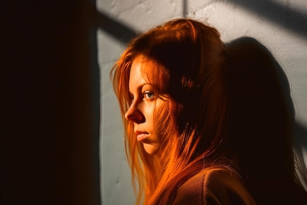 Uma mulher de cabelos ruivos está em frente a uma parede com o sol brilhando em seu rosto.
