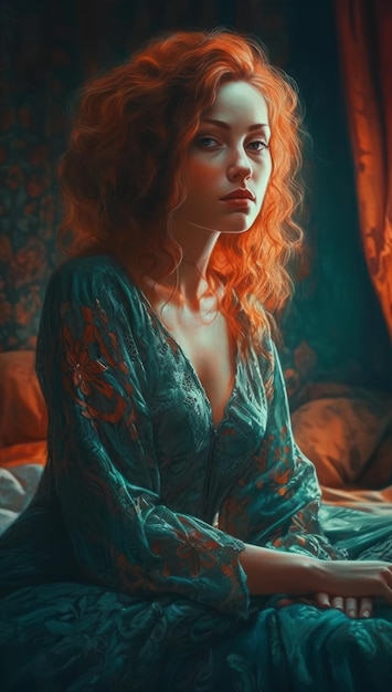 Uma mulher de cabelos ruivos está sentada em uma cama.