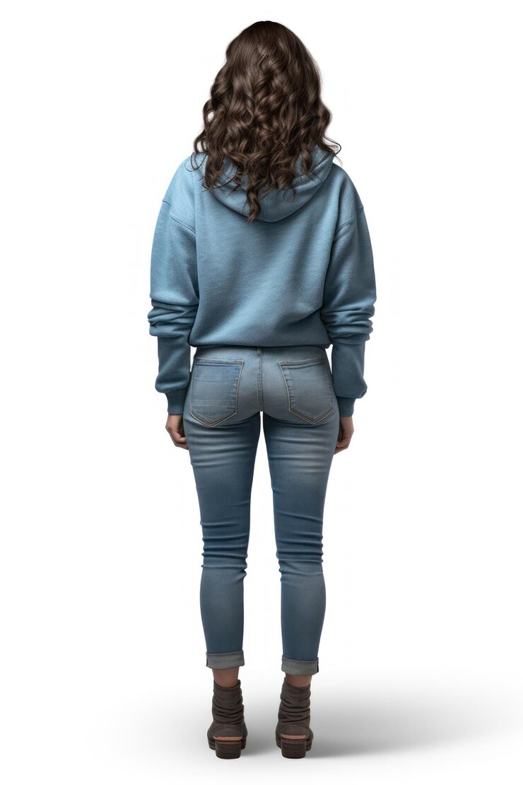 Foto uma mulher de calça jeans olhando para cima em um fundo branco isolamento vista de trás camisola calçados de pé