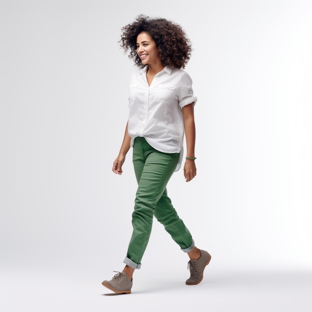 uma mulher de calças verdes e uma camisa branca está andando na frente de um fundo branco AI gerado
