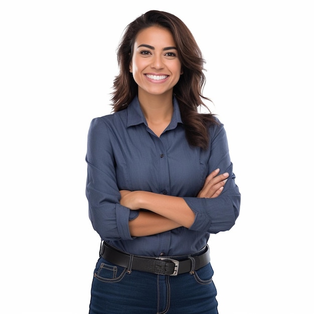 Uma mulher de camisa azul com os braços cruzados.