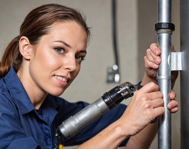 uma mulher de camisa azul e calças de ganga está trabalhando em um tubo