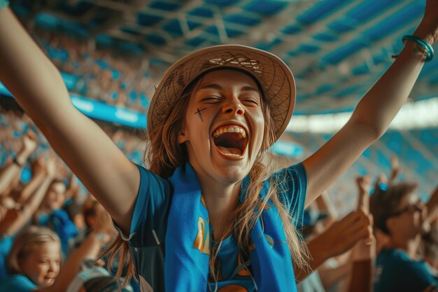 uma mulher de camisa azul e chapéu aplaudindo em um estádio