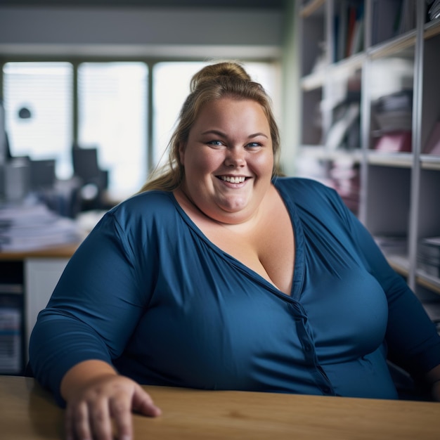 uma mulher de camisa azul sentada em uma mesa