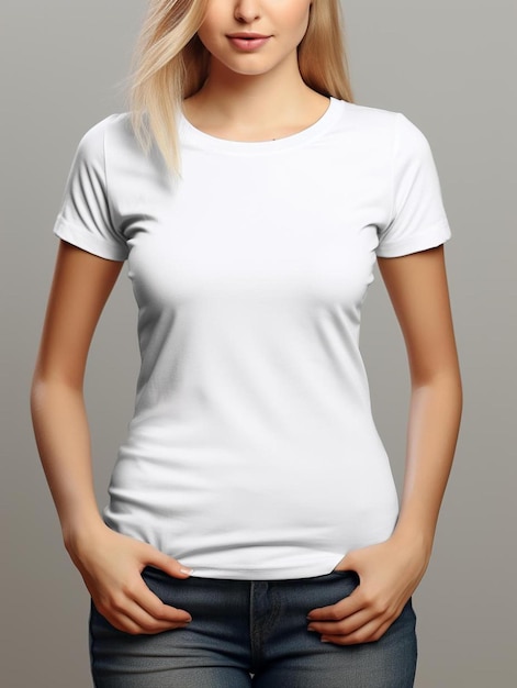 uma mulher de camisa branca com uma camisa branca que diz "camiseta".