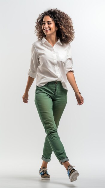 uma mulher de camisa branca e calças verdes está andando na frente de um fundo branco gerado por AI