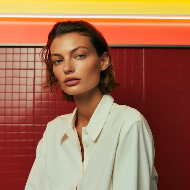 Foto uma mulher de camisa branca está em frente a uma parede vermelha com um sinal amarelo e vermelho atrás dela.