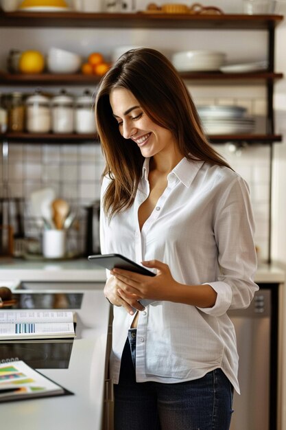 Foto uma mulher de camisa branca está segurando um tablet na frente de uma prateleira de itens de cozinha