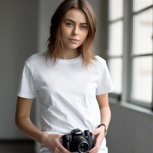 Uma mulher de camisa branca está segurando uma câmera.