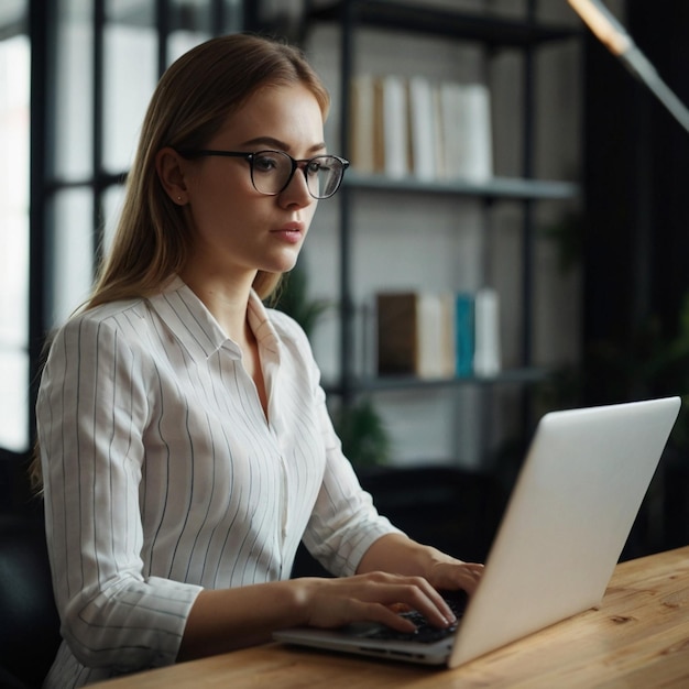 uma mulher de camisa branca está trabalhando em um laptop