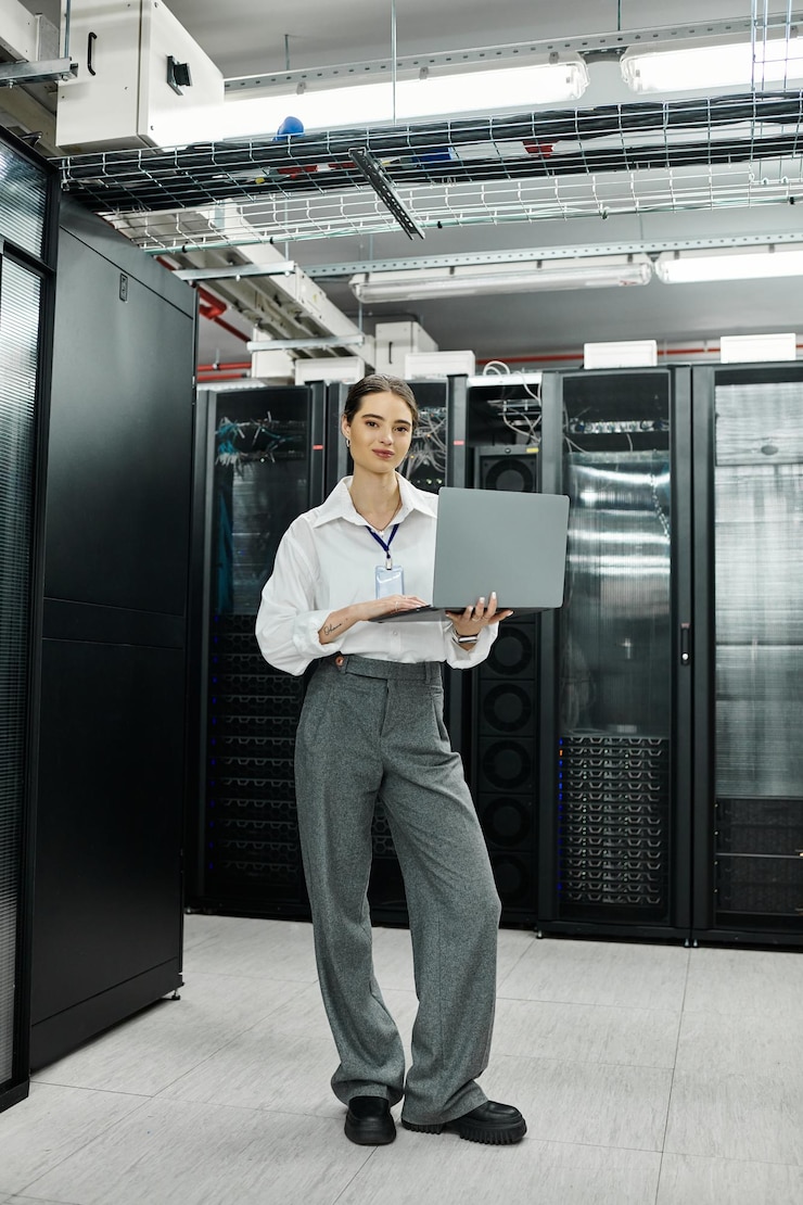 Foto uma mulher de camisa branca se envolve com hardware de servidor em um centro de dados de alta tecnologia