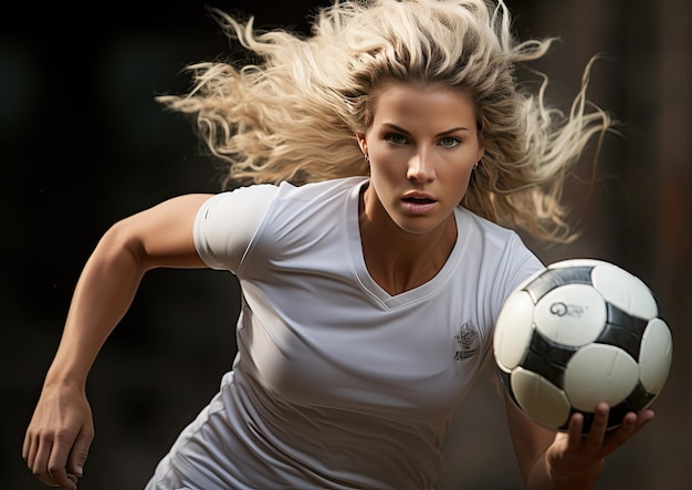 Foto uma mulher de camisa branca segurando uma bola de futebol