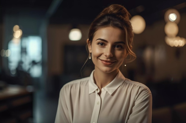 Uma mulher de camisa branca sorri para a câmera.