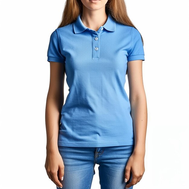 uma mulher de camisa de polo azul está em frente a um fundo branco