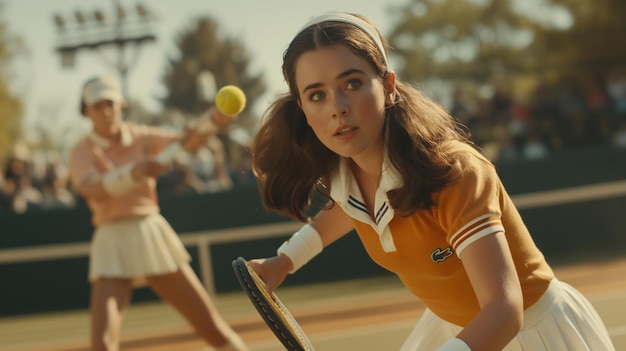 uma mulher de camisa laranja está jogando tênis com uma raquete