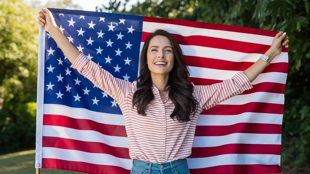 Foto uma mulher de camisa listrada está segurando uma bandeira americana