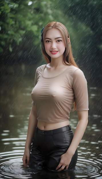 Uma mulher de camisa marrom está de pé na chuva