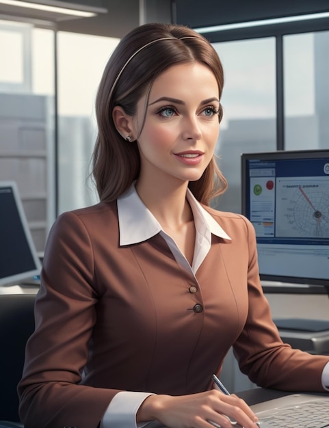 Uma mulher de camisa marrom está sentada em frente a um monitor de computador.
