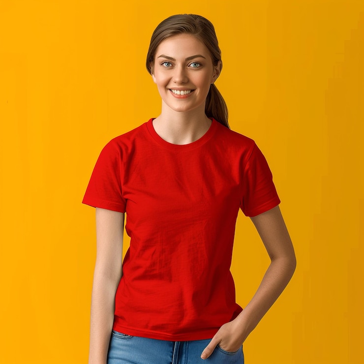 Foto uma mulher de camisa vermelha está posando para uma foto