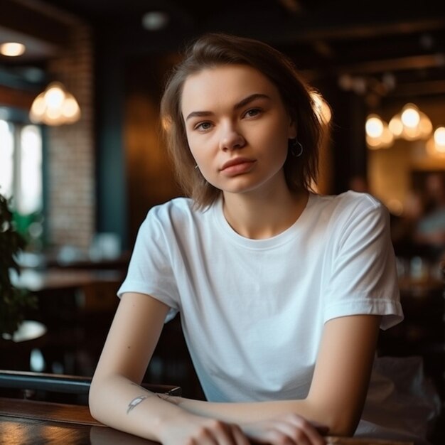 Uma mulher de camiseta branca está sentada em um bar com os braços cruzados.