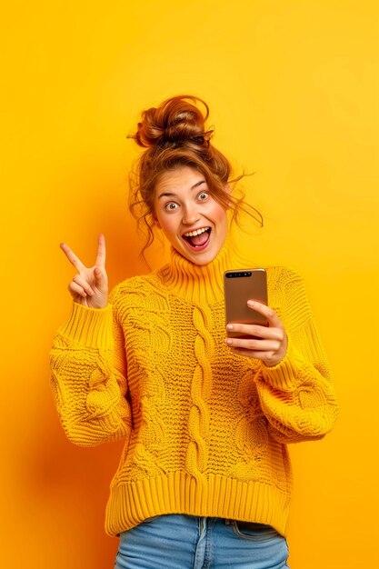 Foto uma mulher de camisola amarela está segurando um celular e sorrindo