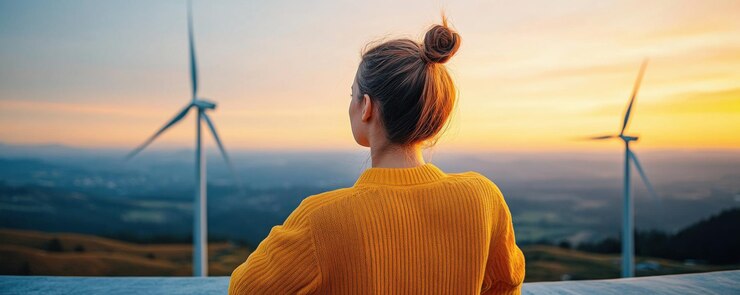 Uma mulher de camisola amarela olha para as turbinas eólicas em uma colina ao pôr do sol, simbolizando energia renovável e consciência ambiental