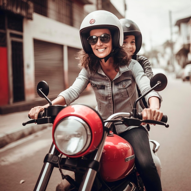 Uma mulher de capacete e óculos de sol está pilotando uma motocicleta vermelha.