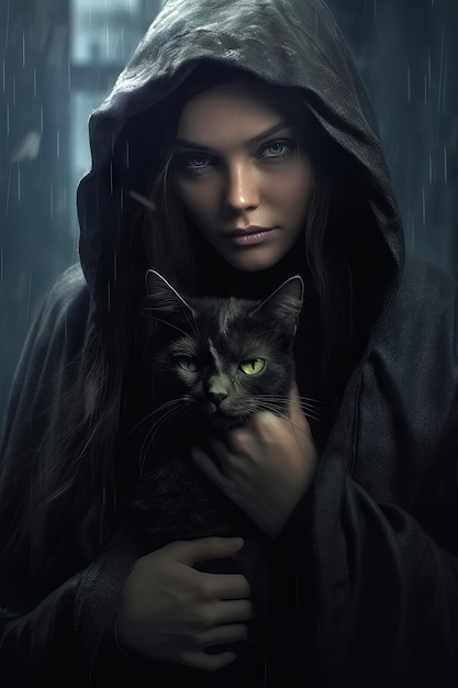 Uma mulher de capuz segura um gato preto na chuva.