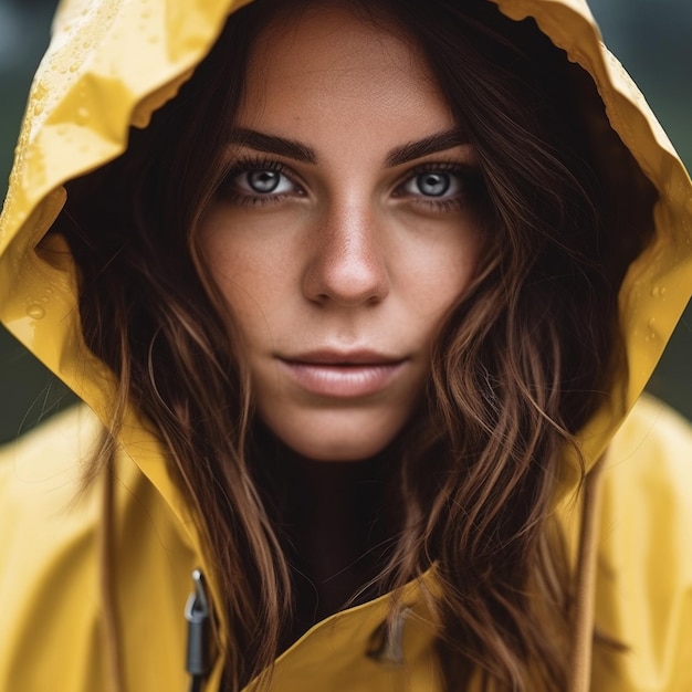 Uma mulher de casaco amarelo com um casaco de chuva amarelo.