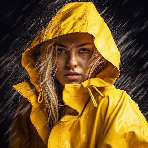 Uma mulher de casaco amarelo com um casaco de chuva.