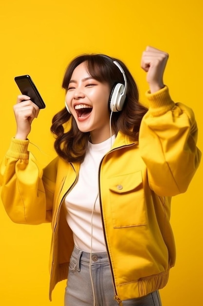 uma mulher de casaco amarelo está segurando um telefone e sorrindo