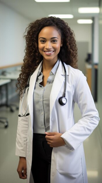 Foto uma mulher de casaco branco está em frente a um fundo médico